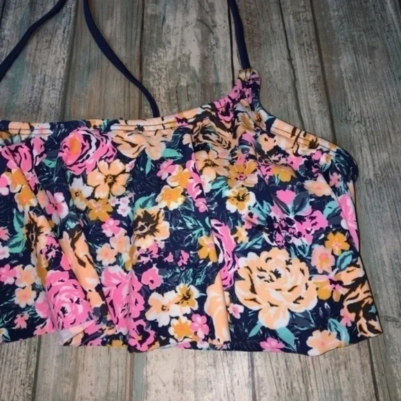 NWT Arizona Jean Company Floral Bikini Top Ruffle Bandeau Women’s Large - Picture 2 of 6